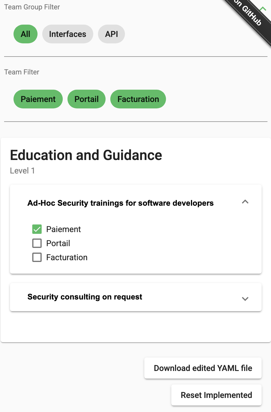 La même carte de la heatmap après la génération: l’activité Ad-Hoc Security trainings for software developers a sa case cochée pour l’équipe Paiement, et vide pour Portail et Facturation.